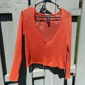Tangerine Eileen Fischer Petite Distressed V-Neck Slightly Cropped Sweater 🍊